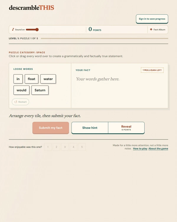 Screenshot of descrambleTHIS, a daily word game