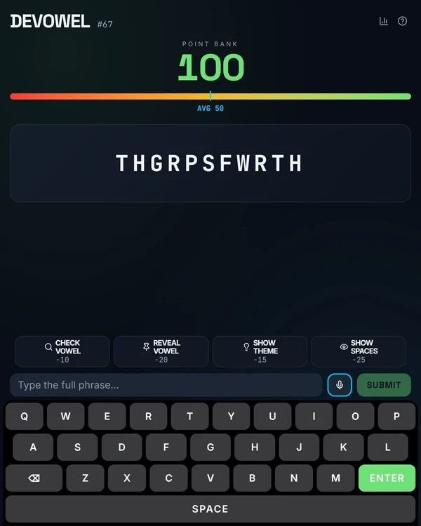 Screenshot of Devowel, a daily word game