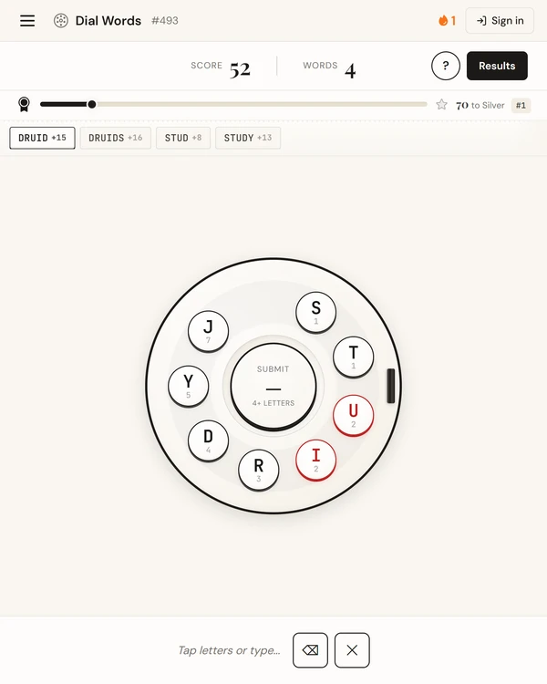 Screenshot of Dial Words, a daily word game
