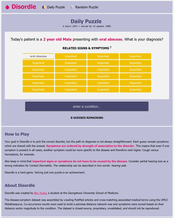 Screenshot of Disordle, a daily trivia game