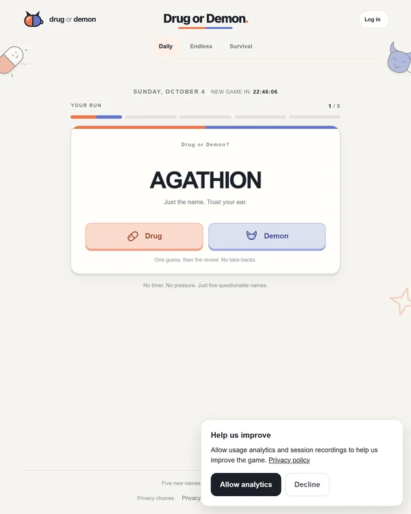 Screenshot of Drug or Demon, a daily trivia game