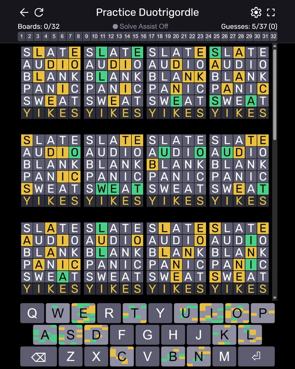 Screenshot of Duotrigordle, a daily word game