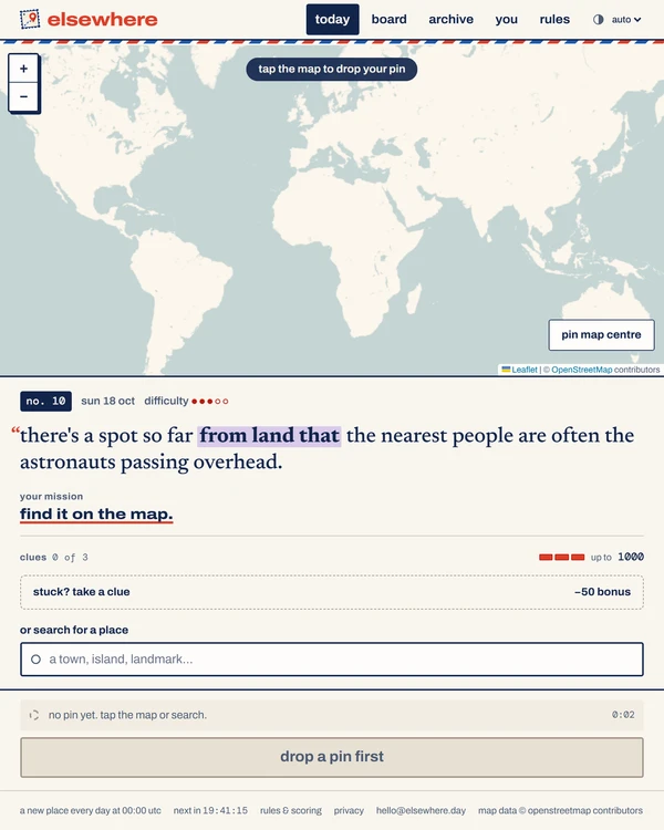 Screenshot of Elsewhere, a daily geography game