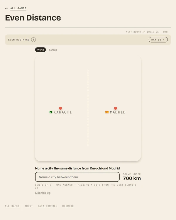 Screenshot of Even Distance, a daily geography game