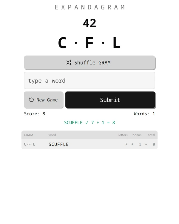 Screenshot of Expandagram, a daily word game