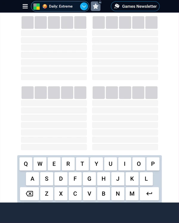 Screenshot of Extreme Quordle, a daily word game
