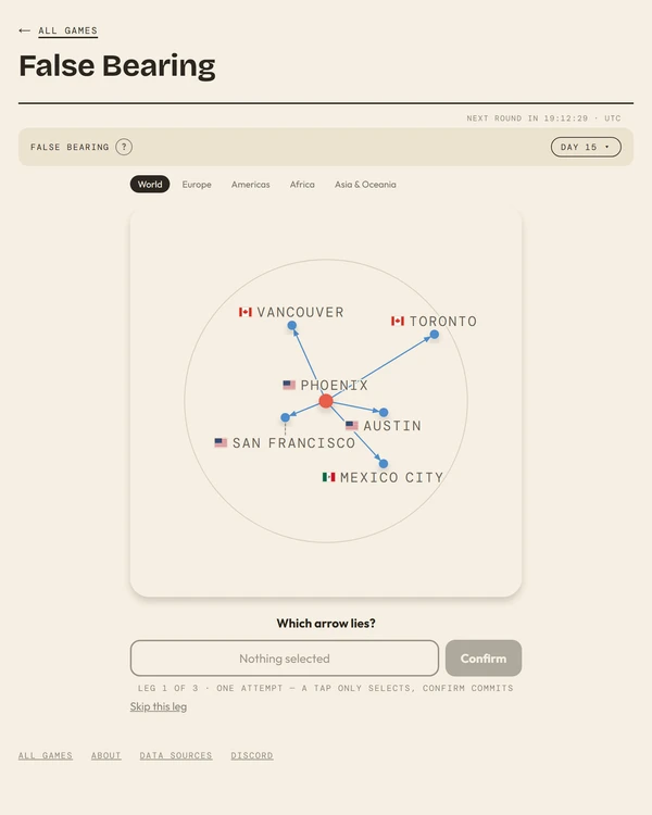 Screenshot of False Bearing, a daily geography game