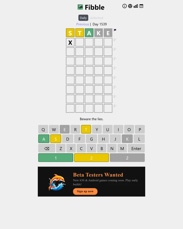 Screenshot of Fibble, a daily word game