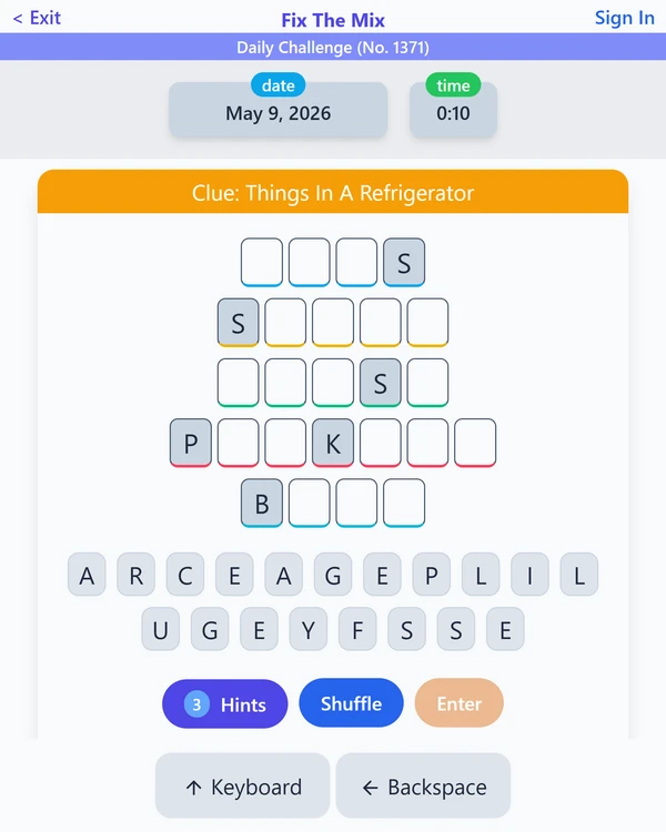 Screenshot of Fix the Mix, a daily word game