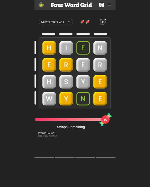 Screenshot of Four Word Grid, a daily word game