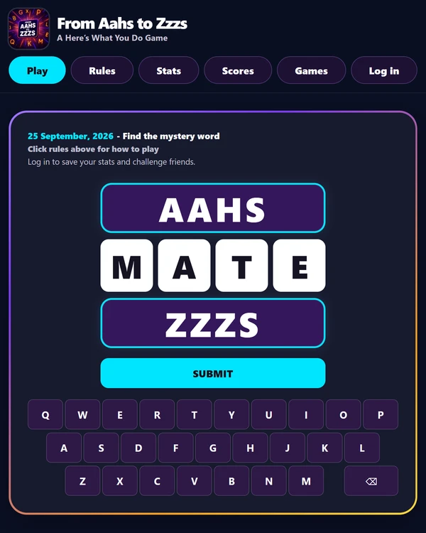 Screenshot of From Aahs to Zzzs, a daily word game