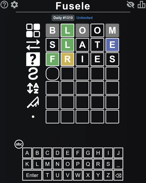 Screenshot of Fusele, a daily word game