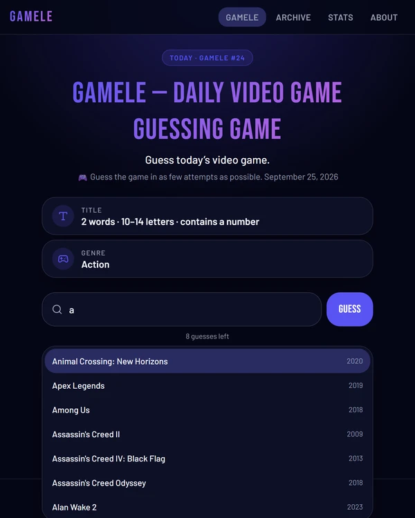 Screenshot of Gamele, a daily fandom game
