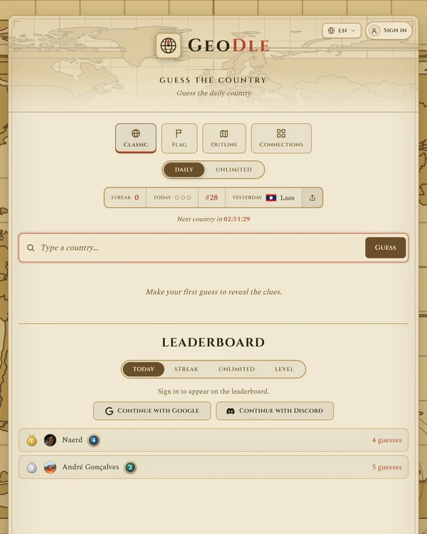 Screenshot of GeoDle, a daily geography game