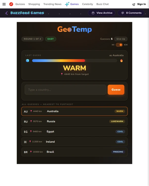 Screenshot of GeoTemp, a daily geography game