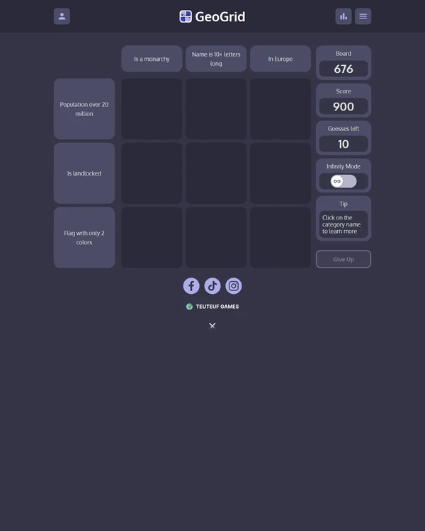 Screenshot of GeoGrid, a daily geography game