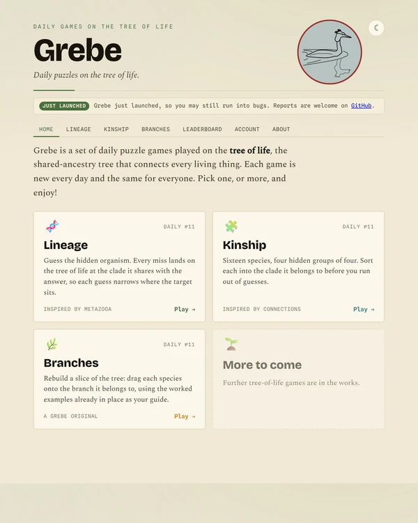 Screenshot of Grebe, a daily animal game