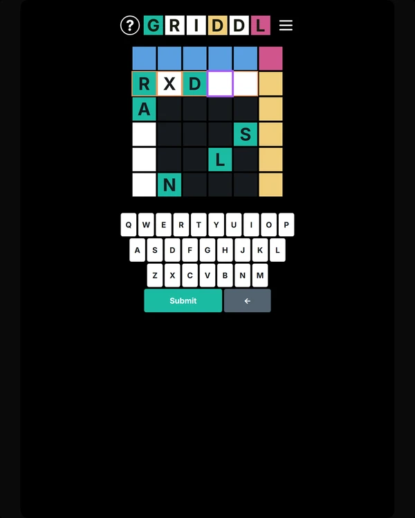 Screenshot of GRIDDL, a daily word game