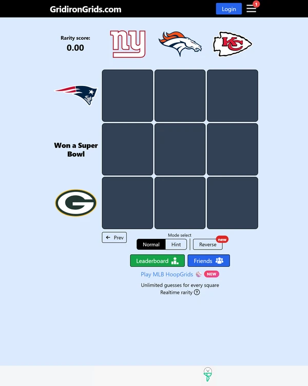 Screenshot of Gridiron Grids, a daily sports game