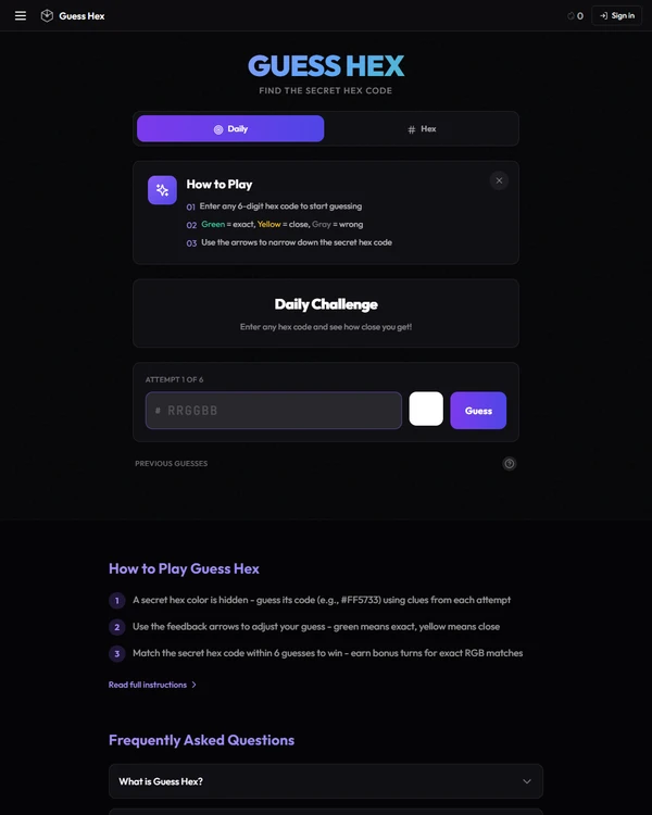 Screenshot of Guess Hex, a daily visual game