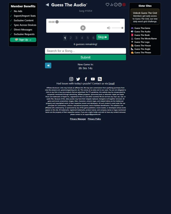 Screenshot of Guess The Audio, a daily music game
