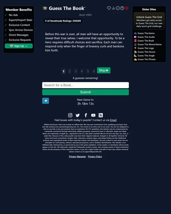 Screenshot of Guess The Book, a daily trivia game