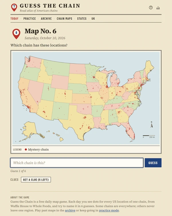 Screenshot of Guess the Chain, a daily geography game