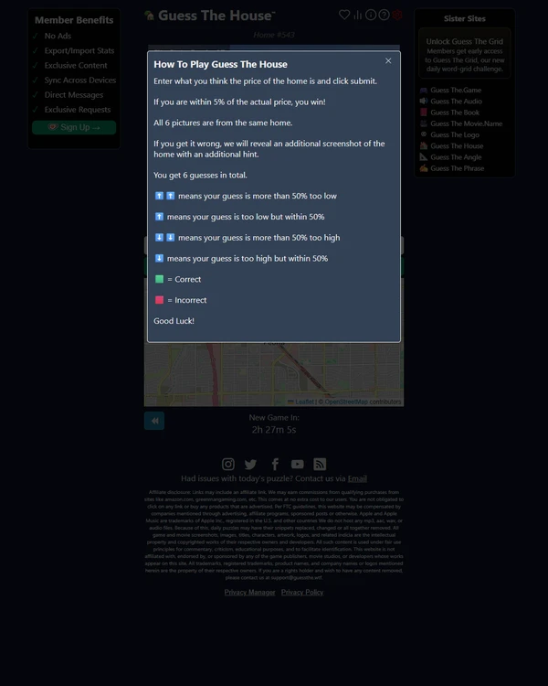 Screenshot of Guess The House, a daily trivia game