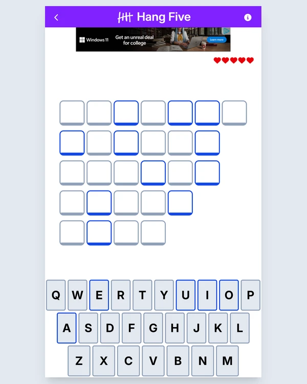 Screenshot of Hang Five, a daily word game