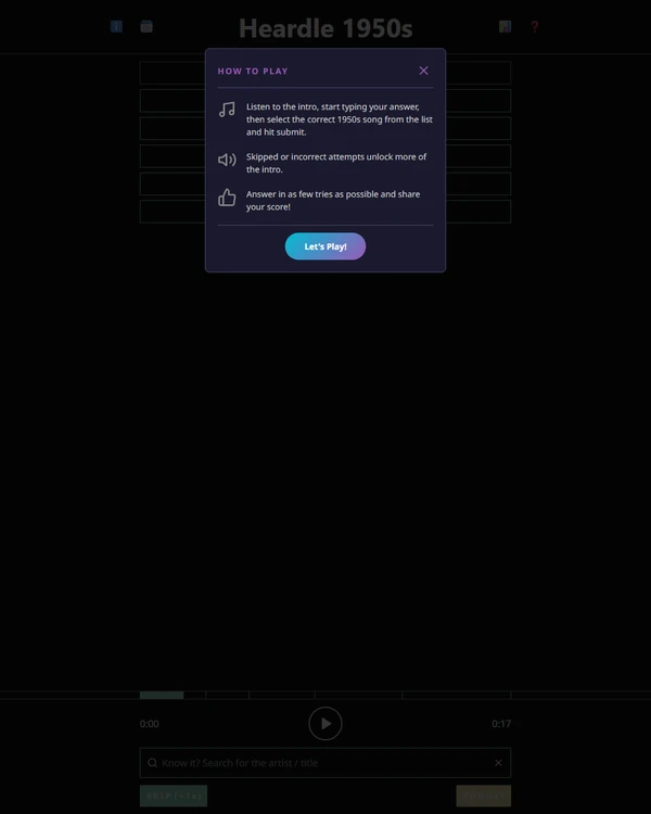 Screenshot of Heardle 1950's, a daily music game
