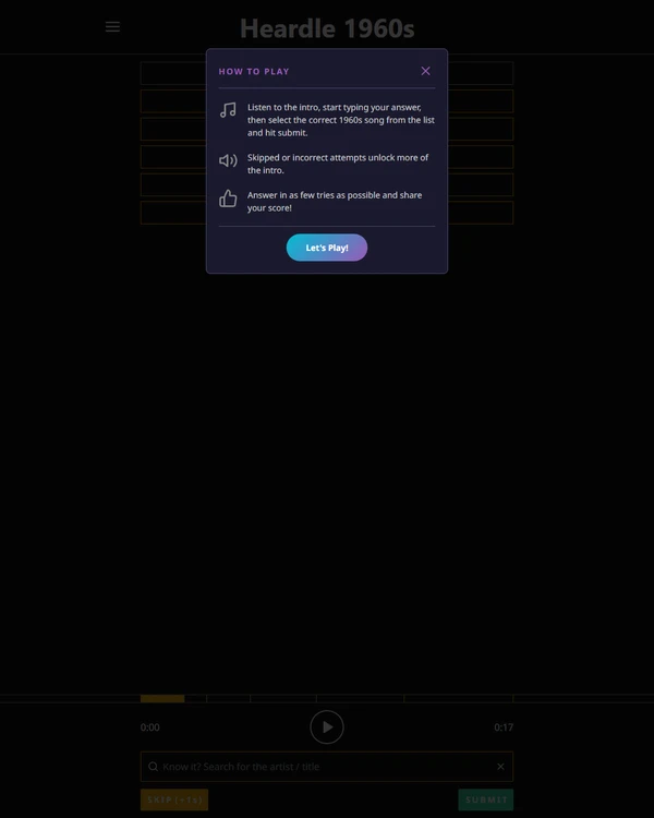 Screenshot of Heardle 1960's, a daily music game