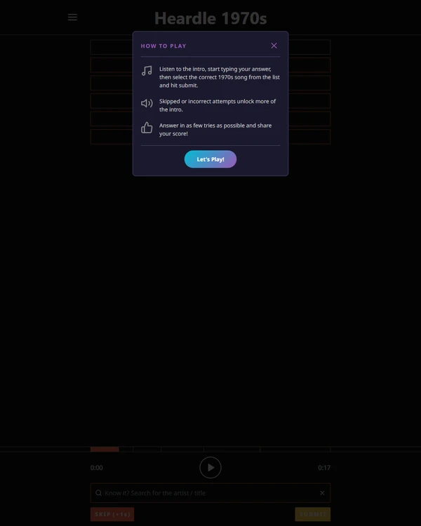 Screenshot of Heardle 1970's, a daily music game