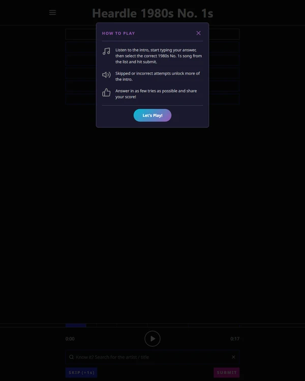 Screenshot of Heardle 1980's, a daily music game