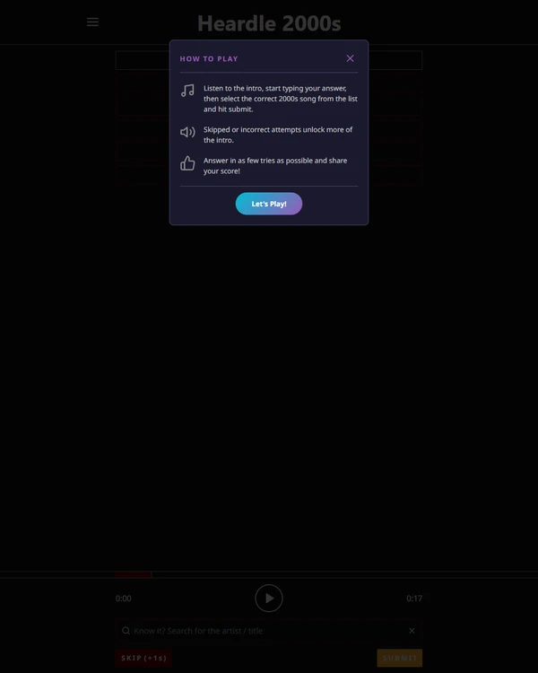 Screenshot of Heardle 2000's, a daily music game