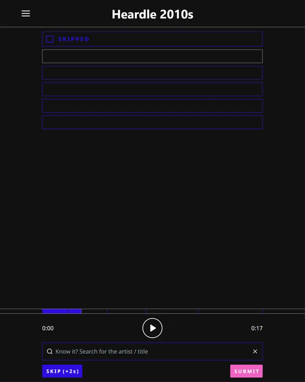 Screenshot of Heardle 2010's, a daily music game