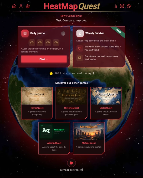 Screenshot of HeatMapQuest, a daily geography game
