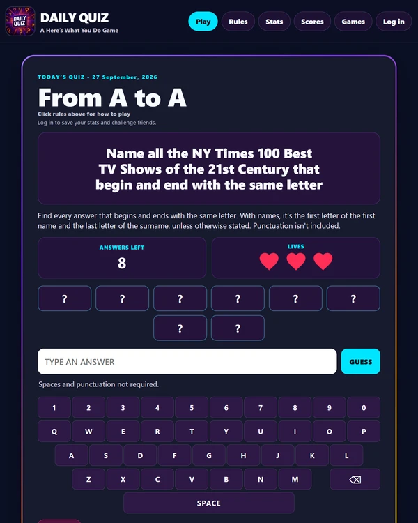 Screenshot of Here's What You Do Daily Quiz, a daily word game