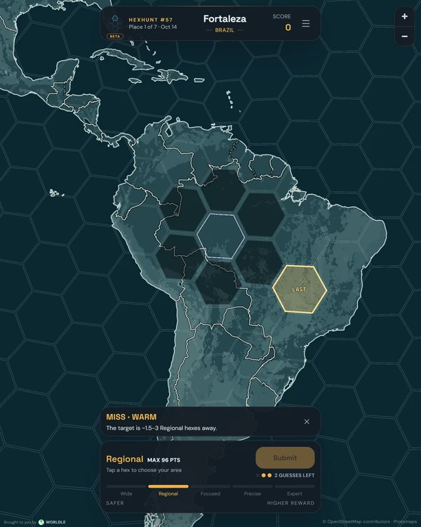 Screenshot of HexHunt, a daily geography game