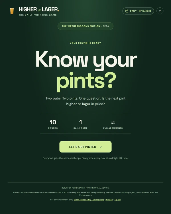Screenshot of Higher or Lager, a daily estimation game