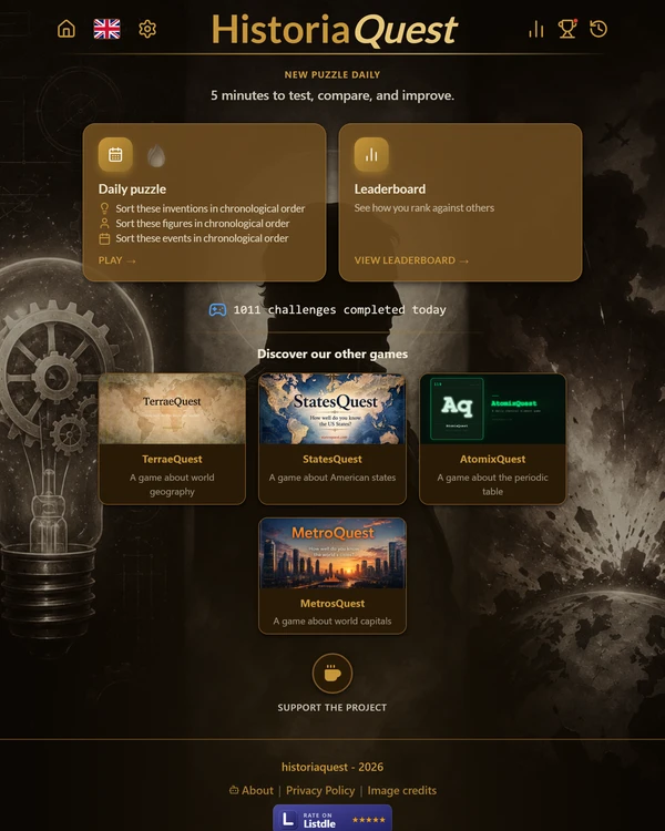 Screenshot of HistoriaQuest, a daily trivia game