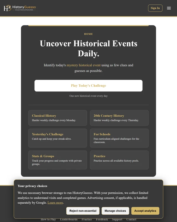 Screenshot of HistoryGuesso, a daily trivia game