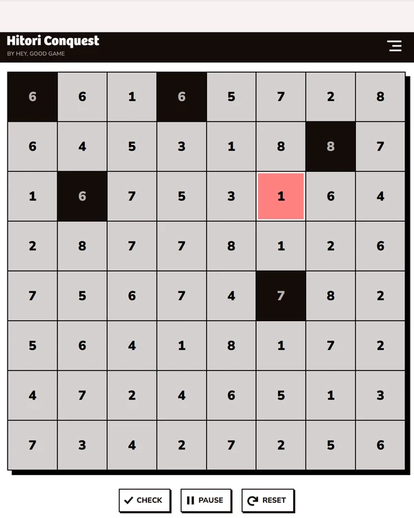 Screenshot of Hitori Conquest, a daily logic game