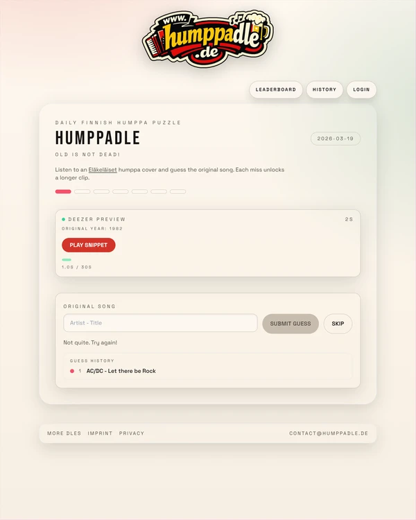 Screenshot of Humppadle, a daily music game