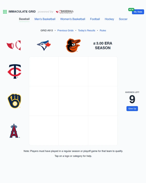 Screenshot of Immaculate Grid: Baseball, a daily sports game
