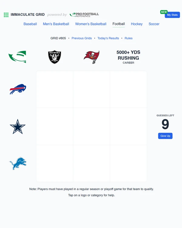 Screenshot of Immaculate Grid: Football, a daily sports game