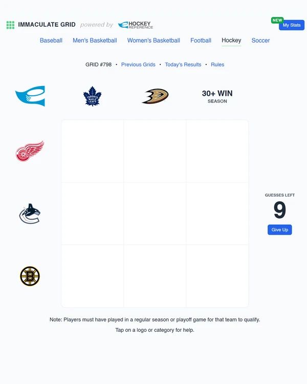 Screenshot of Immaculate Grid: Hockey, a daily sports game