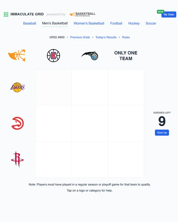 Screenshot of Immaculate Grid: Men's Basketball, a daily sports game
