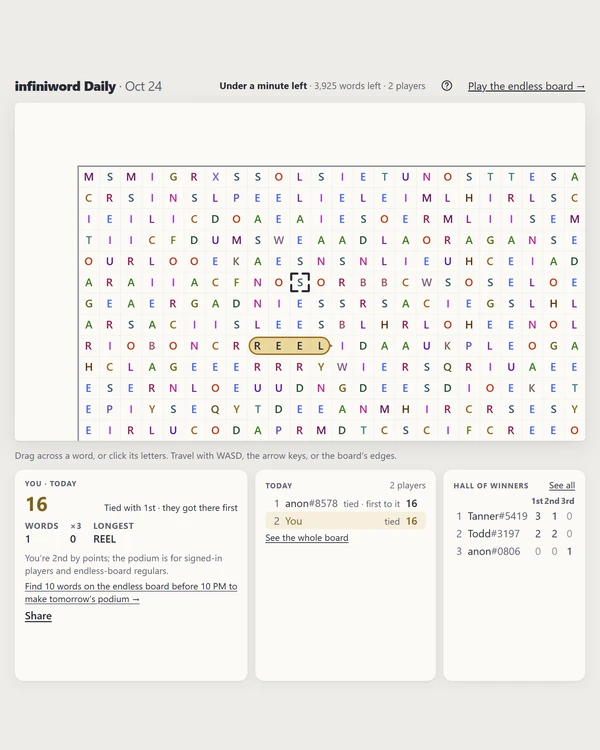 Screenshot of InfiniWord, a daily word game
