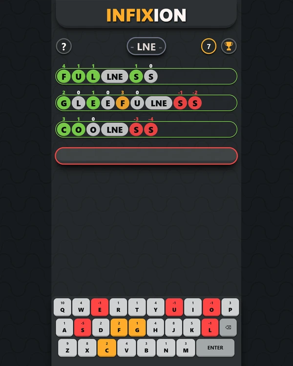 Screenshot of Infixion, a daily word game