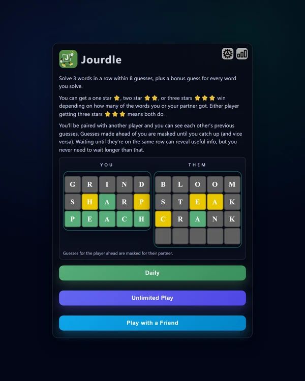 Screenshot of Jourdle, a daily word game
